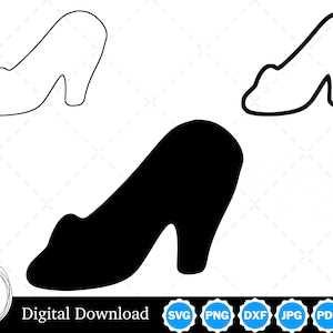 May include: A black and white silhouette of a high-heeled shoe. The shoe is shown in three different positions. The shoe is a digital download and available in SVG, PNG, DXF, JPG, PDF, and EPS formats.
