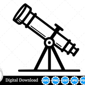 Könnte beinhalten: Schwarz-weiße Strichzeichnung eines Teleskops auf einem Stativ. Das Teleskop hat ein langes Rohr mit Okular und ein kleineres Rohr. Das Stativ hat drei Beine. Der Text "Digital Download" steht darunter.