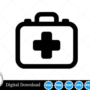 May include: Black and white silhouette of a first aid kit with a white cross in the center. The kit is a rectangle with a handle on top.