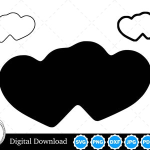 May include: Black and white silhouette of two overlapping hearts. The hearts are in a simple, classic style. Digital download available in SVG, PNG, DXF, JPG, PDF, and EPS formats.