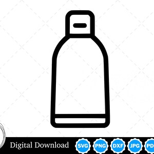 May include: Black and white line art illustration of a bottle with a cap. The bottle is tall and slender with a rounded top and a flat bottom.
