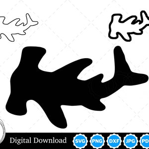 Silhueta de tubarão-martelo com dois contornos | Tubarão-martelo SVG | Arquivos de corte de tubarão-martelo