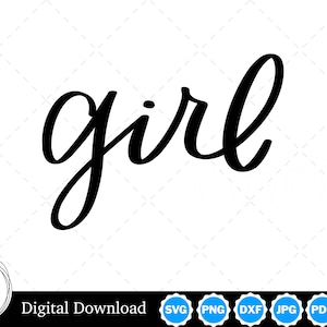 Puede incluir: Una descarga digital en blanco y negro de la palabra "girl" en una fuente cursiva.