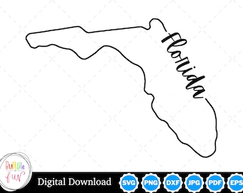May include: Outline of the state of Florida with the word "Florida" written in cursive along the right side of the outline.