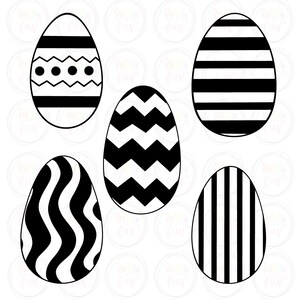 May include: Five black and white Easter egg designs. The designs include polka dots, stripes, wavy lines, chevron, and vertical stripes.