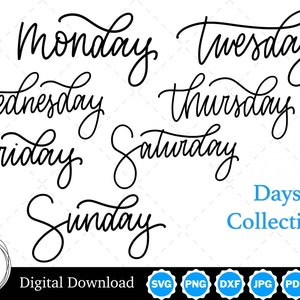 Cursive Script Days of the Week Silhouettes Clip Art | Days SVG Days PNG | Days Cut Files Vector Image Cut Files, Instant Digital Download