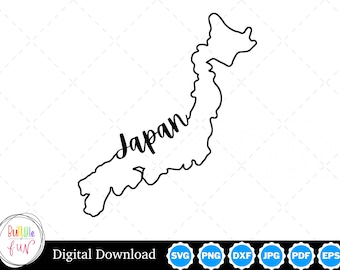 May include: A black and white outline of the country of Japan with the word "Japan" written in cursive inside the outline.