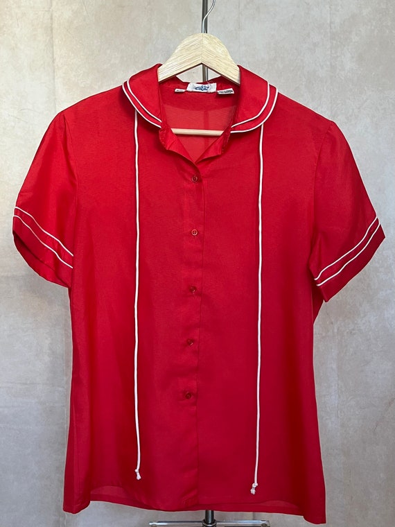 Vintage Red Button Up Blouse with White Trim
