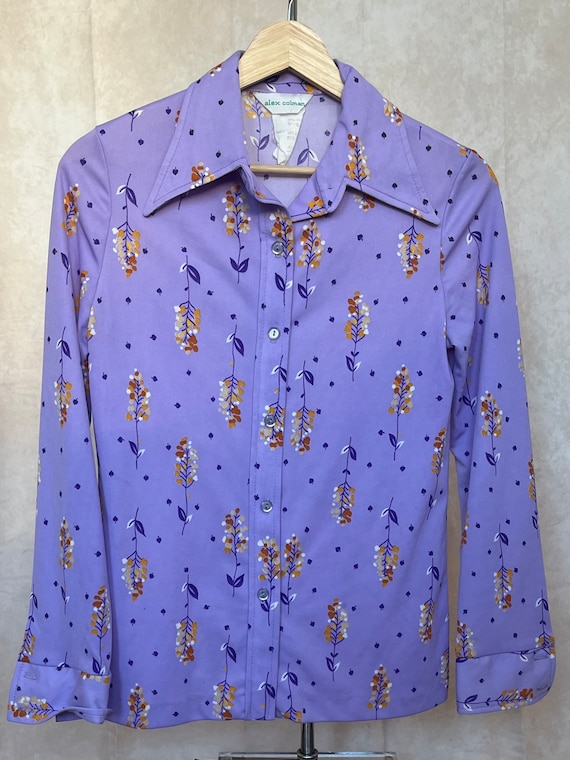 1970s Style Purple Floral Button Up Blouse