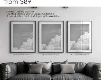 Juego de 3 láminas de nubes en blanco y negro, conjunto de arte mural costero, pared de galería neutra, fotografía de nubes enmarcada, decoración de pared grande