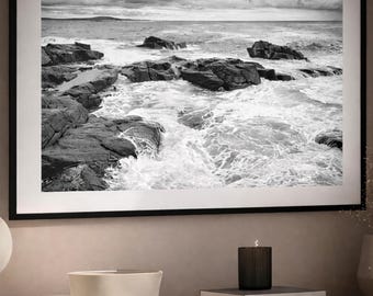 Cuadro decorativo de océano tranquilo, fotografía costera en blanco y negro, decoración playera neutra, cuadro decorativo de gran formato de 40x60 cm, Costa de Acadia