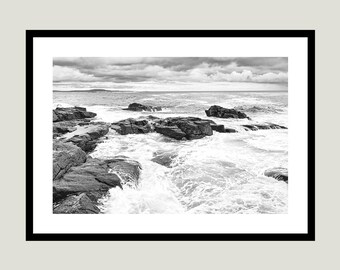 Fotografía en blanco y negro del Parque Nacional Acadia, arte mural costero de Maine de calidad de museo, impresión de bellas artes de Ocean Rock, Bar Harbor
