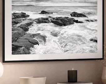 Cuadro decorativo de océano tranquilo, fotografía costera en blanco y negro, decoración playera neutra, cuadro decorativo de gran formato de 40x60 cm, Costa de Acadia