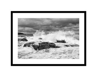 Black White Photography Maine Coastal Art Print Acadia Park Decor Monochrome Wall Nature Landscape Photograph Dramatic Seascape Atlantic