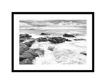Black White Photography Museum Quality Fine Art Print Wall Hanging Decor Maine Coastal Ocean Scene Acadia Park Landscape Atlantic Rock Beach