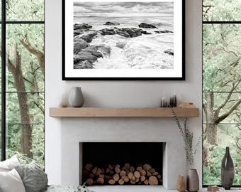 Fotografía en blanco y negro del océano de 40x60 cm, arte mural costero tranquilo para dormitorio o sala de estar, decoración de pared minimalista y neutra.