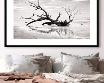 Schwarzweiße Küsten Fotografie 40x60, große Wandkunst für oben Sofa - Statement Strand Haus Dekor, neutrale Wohnzimmer Kunst