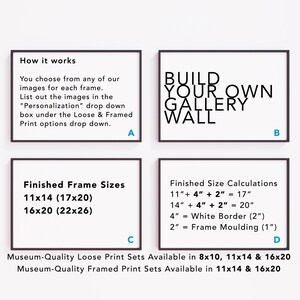 May include: Four framed informational graphics with black borders and white backgrounds. Text includes "How it works", "Build Your Own Gallery Wall", "Finished Frame Sizes", and size calculations. The bottom text mentions print sets.