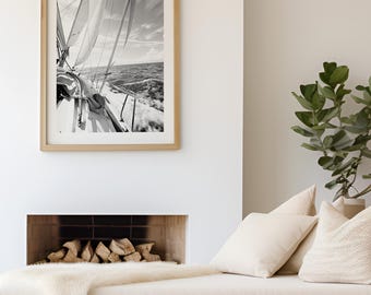Fotografía en blanco y negro, arte náutico para pared, impresión, velero, fotografía fina, decoración costera para el hogar, decoración de casa de playa, minimalista marítimo