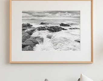 Fotografía de paisaje en blanco y negro, lámina del Parque Nacional Acadia, arte mural de montaña costera, decoración de pared neutra de gran tamaño, enmarcada.