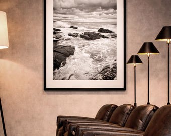 Fotografía oceánica en blanco y negro de 40x60 cm, arte mural costero tranquilo para dormitorio o sala de estar – Decoración de pared minimalista y neutra