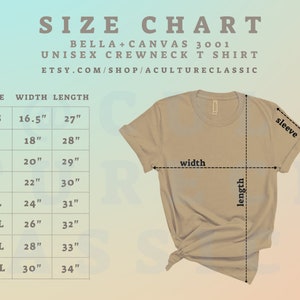 Puede incluir: Tabla de tallas para una camiseta de cuello redondo unisex Bella + Canvas 3001. La tabla muestra las medidas de ancho y largo en pulgadas para las tallas XS a 4XL.