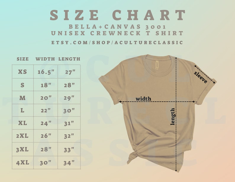 Puede incluir: Tabla de tallas para una camiseta de cuello redondo unisex Bella + Canvas 3001. La tabla muestra las medidas de ancho y largo en pulgadas para las tallas XS a 4XL.