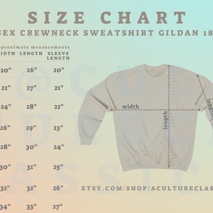 May include: Size chart for a unisex crewneck sweatshirt, showing measurements in inches for width, length, and sleeve length. The chart includes sizes S through 5XL.