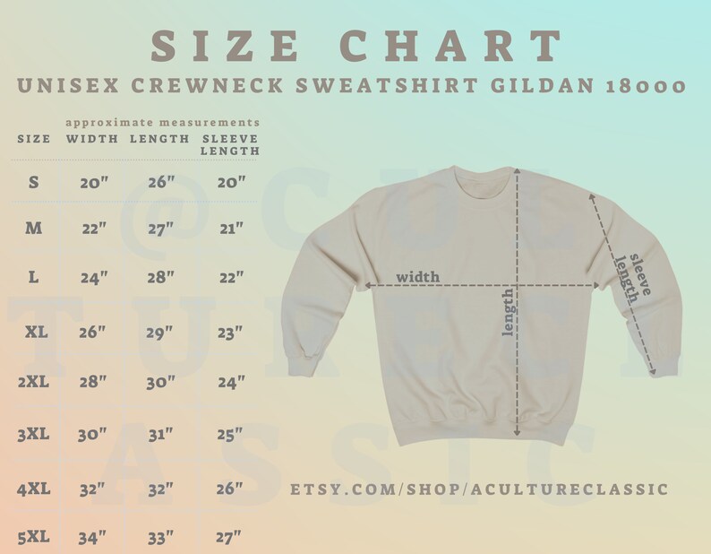 May include: Size chart for a unisex crewneck sweatshirt, showing measurements in inches for width, length, and sleeve length. The chart includes sizes S through 5XL.