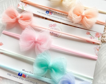 Baby tulle bow baby headband | organza hair bow headband |pastel tulle mesh matching headband| pink orange blue coral tulle hair accessories
