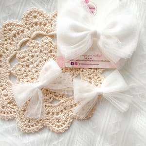 White tulle piggie set bow|wedding white tulle hair bow | baptism christening white organza hair accessories|flower girl baby nylon headband