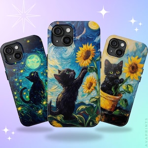 Black Cat and Sunflower Art Phone Case for iPhone 16 15 14 13 12 Pro Max Plus, Van Gogh Phone Case Cat Meme Cover for Pet Lover - TOUGH CASE
