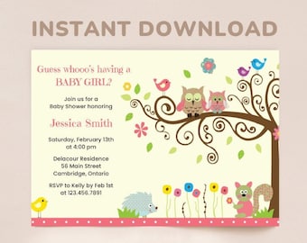 May include: A digital baby shower invitation with a whimsical design. The invitation features the text "Guess whooo's having a BABY GIRL?" along with event details. The design includes illustrations of owls, birds, flowers, and a tree. The invitation is shown on a phone.