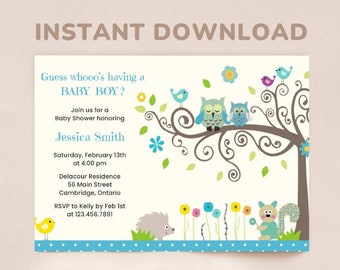 May include: A blue and green baby shower invitation with owls, birds, and a squirrel on a tree branch. The text reads "Guess whooo's having a BABY BOY?" and includes details for the shower, such as the date, time, location, and RSVP information.