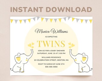 May include: A yellow and gray baby shower invitation with a graphic of two elephants holding hearts. The invitation says "Monica Williams is expecting twins" and includes details for the baby shower.