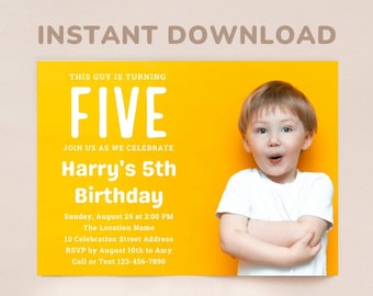 EDITABLE Photo 5th Birthday Invitation Template Boy Fifth Birthday Invite Cute Kids Birthday Party Invite DIGITAL DOWNLOAD - Custom Age