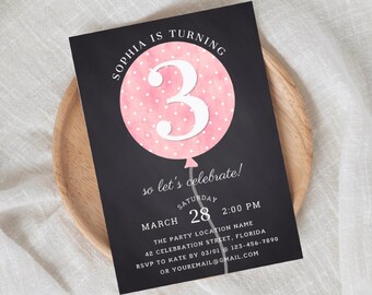 EDITIERBARE Alter - Rosa Ballon Mädchen Geburtstagseinladung Vorlage, Mädchen zum 3. Geburtstag einlädt, Mädchen zum dritten Geburtstag Party einladen DIGITAL DOWNLOAD