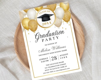 Class of 2026 Graduation Invitation Template – Elegant White Gold Party Invite (Digital Download)