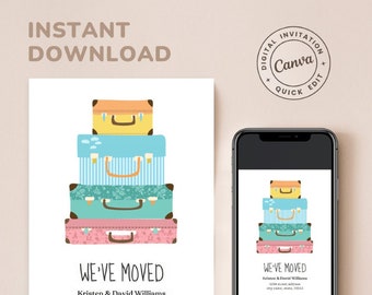 EDITABLE Funny Suitcase Moving Announcement Template | We've Moved Card, Moved Cards, New House, New Address, Moving Card - Digital Download