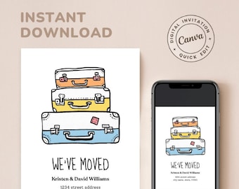EDITIERBARE Süßer Lustiger Koffer Umzugsmitteilung, Wir sind umgezogen, Karten umgezogen, neues Zuhause, neue Adresse, druckbare Vorlage, digitaler Download