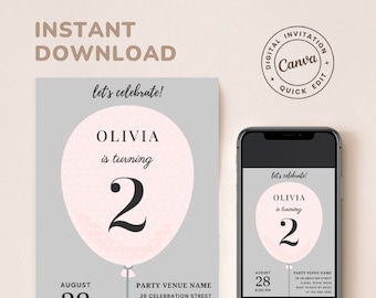 EDITABLE Pink Balloon Girl Birthday Party Invitation Template, Girl 2nd Birthday Invite, Girl Birthday Invites - DIGITAL Download - Any Age