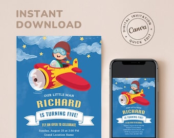 Modello di invito di compleanno in aeroplano MODIFICABILE, inviti per feste di compleanno in aereo, invito per il 1° compleanno di ragazzo, età personalizzata, DOWNLOAD IMMEDIATO