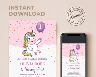 EDITABLE Cute Unicorn Girl Birthday Party Invitation Template, Girl 1st Birthday Invites, Pink First Birthday Party Invite, Instant Download