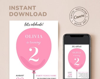 EDITABLE Pink Balloon Girl Birthday Invitation Template, Girl 2nd Birthday Invite, Girl Birthday Party Invite, DIGITAL Download - Custom Age