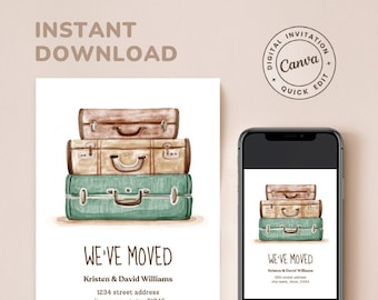 EDITABLE Watercolor Suitcase Moving Announcement We've Moved Card New Home Card Change of Address Card Printable Template DIGITAL DOWNLOAD
