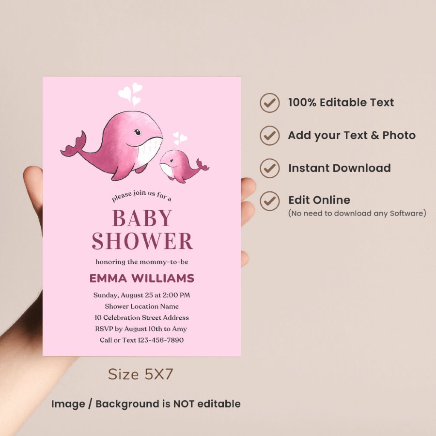 EDITABLE Watercolor Pink Whale Baby Shower Invitation Template | Girl ...