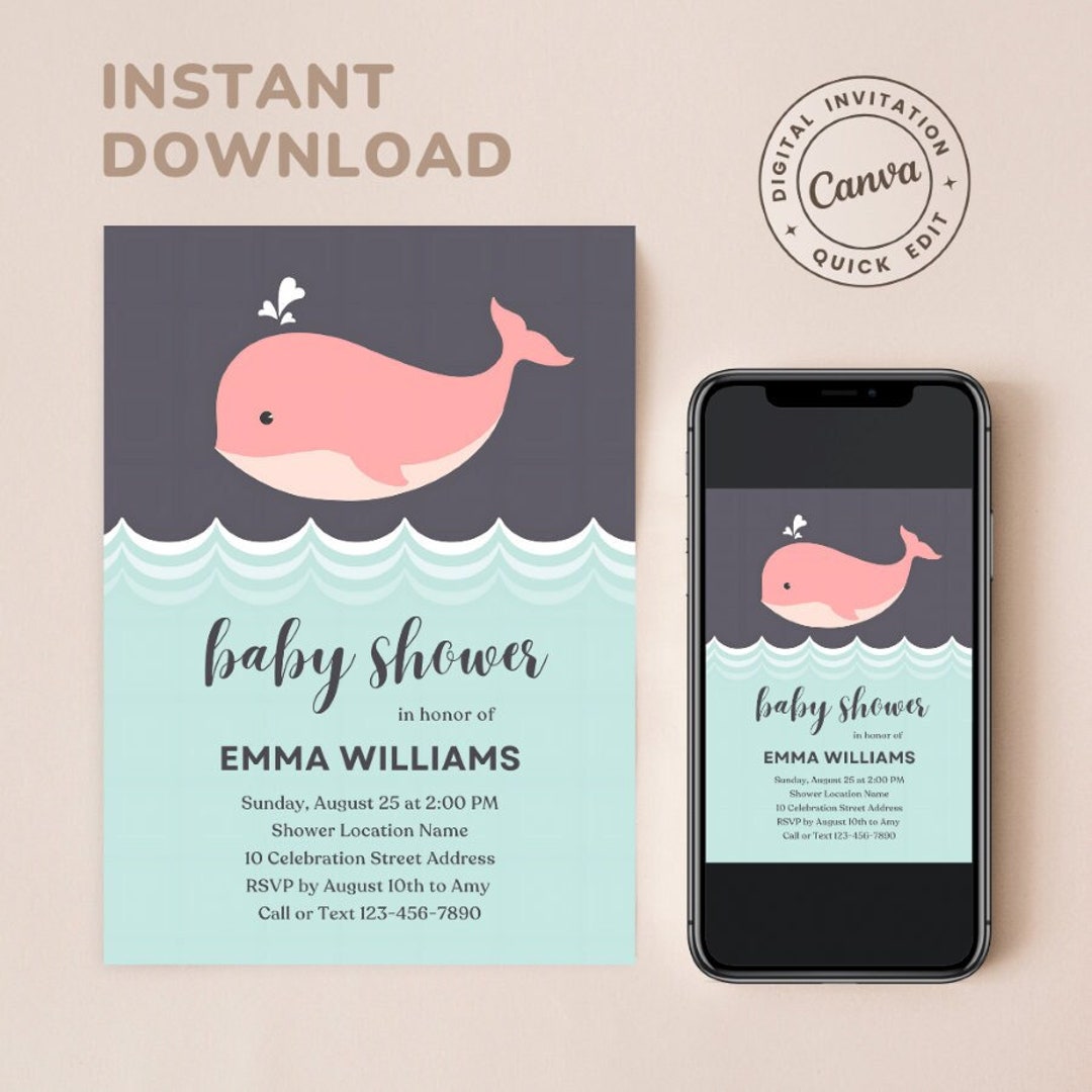 EDITABLE Pink Whale Baby Shower Invitation Template | Girl Baby Shower ...