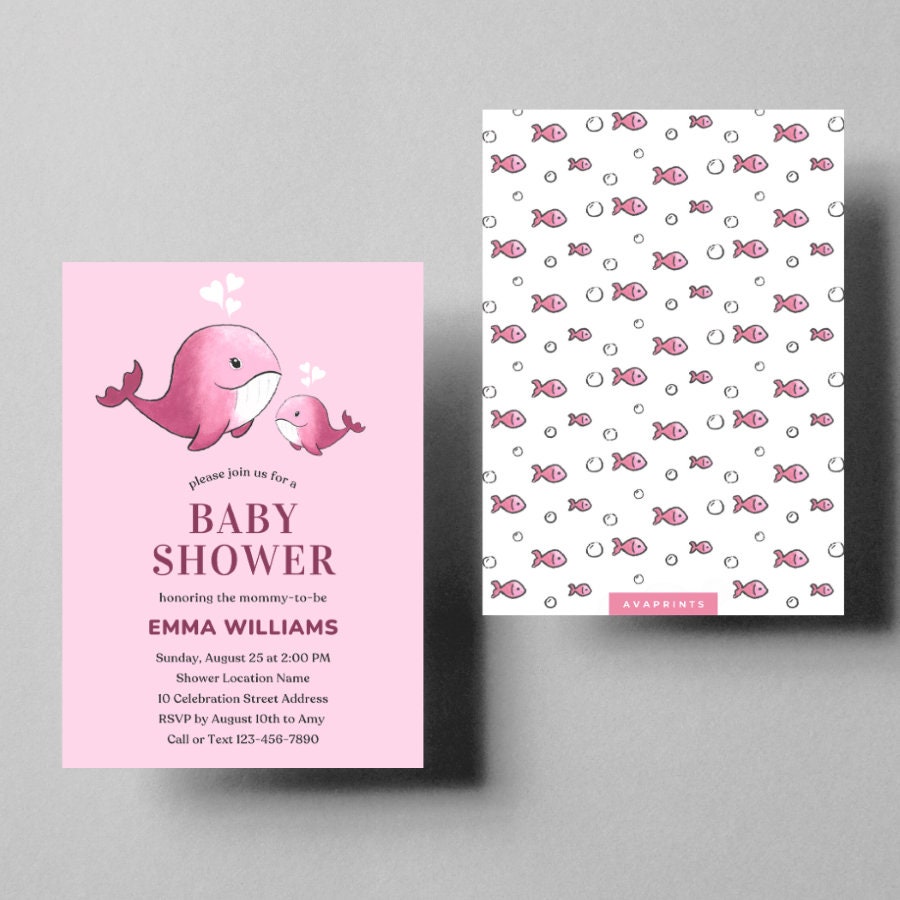 EDITABLE Watercolor Pink Whale Baby Shower Invitation Template | Girl ...
