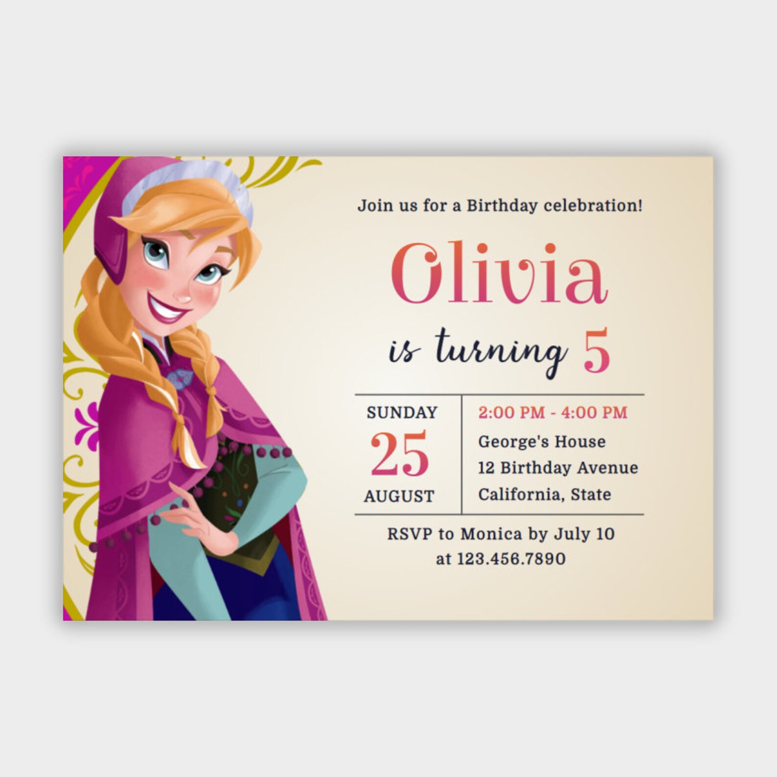 Frozen Princess Anna Birthday Invitation Girl Birthday Party | Etsy