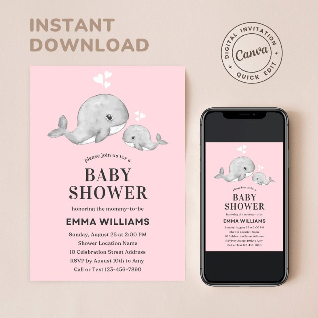 EDITABLE Cute Whale Baby Shower Invitation Template | Girl Baby Shower ...